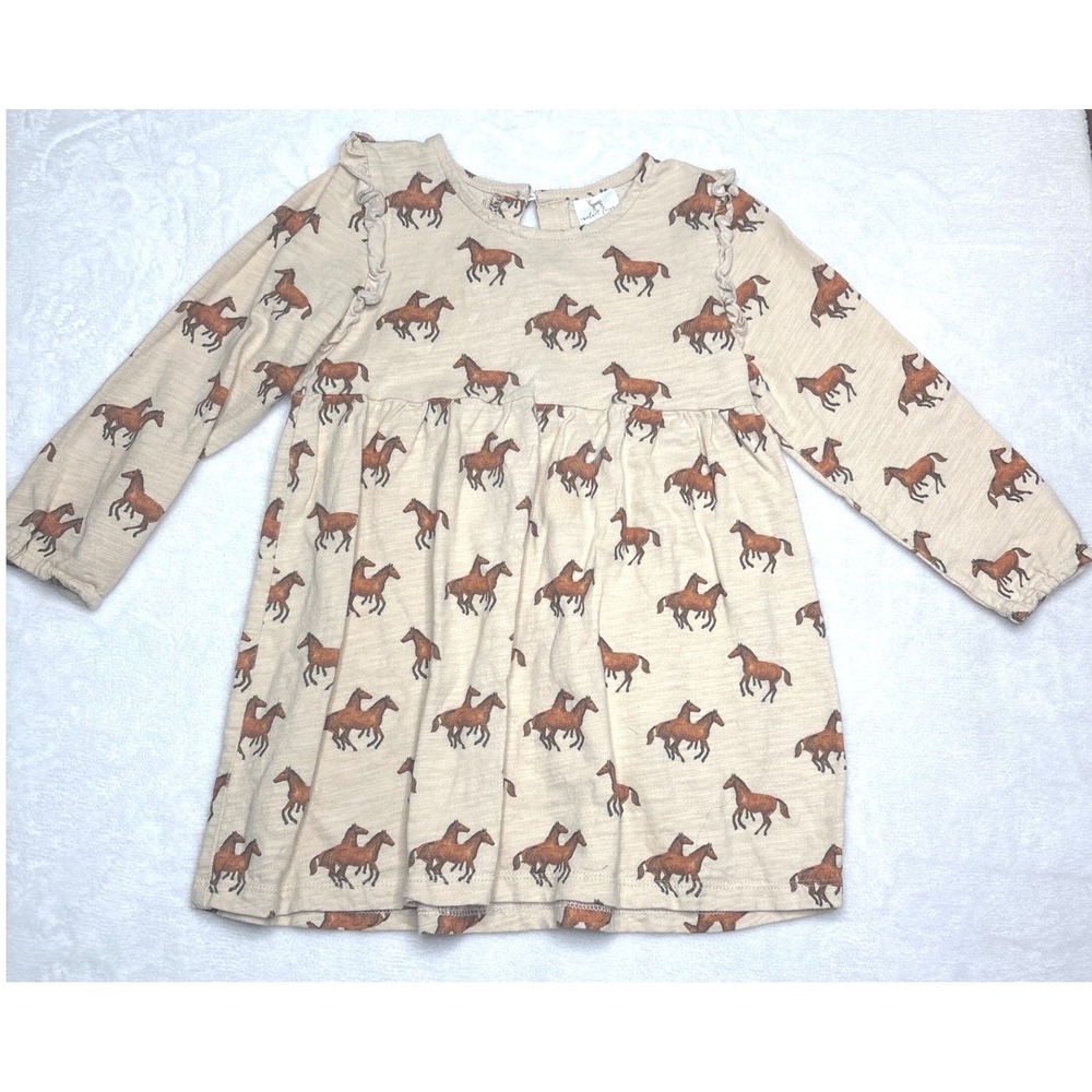Velvet Fawn Horse Print Dress Size 5 Tan Long Sleeve Ruffle Cotton Equestrian